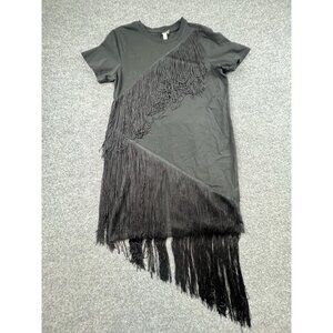 Black Fringe T-Shirt Dress UK 12 US 8 100% Cotton Short Sleeve Statement